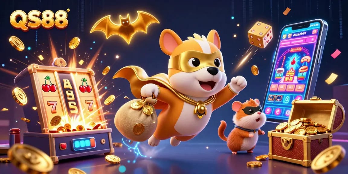 QS88 superhero dog and hamster celebrate wins amidst casino excitement, showcasing gaming energy.