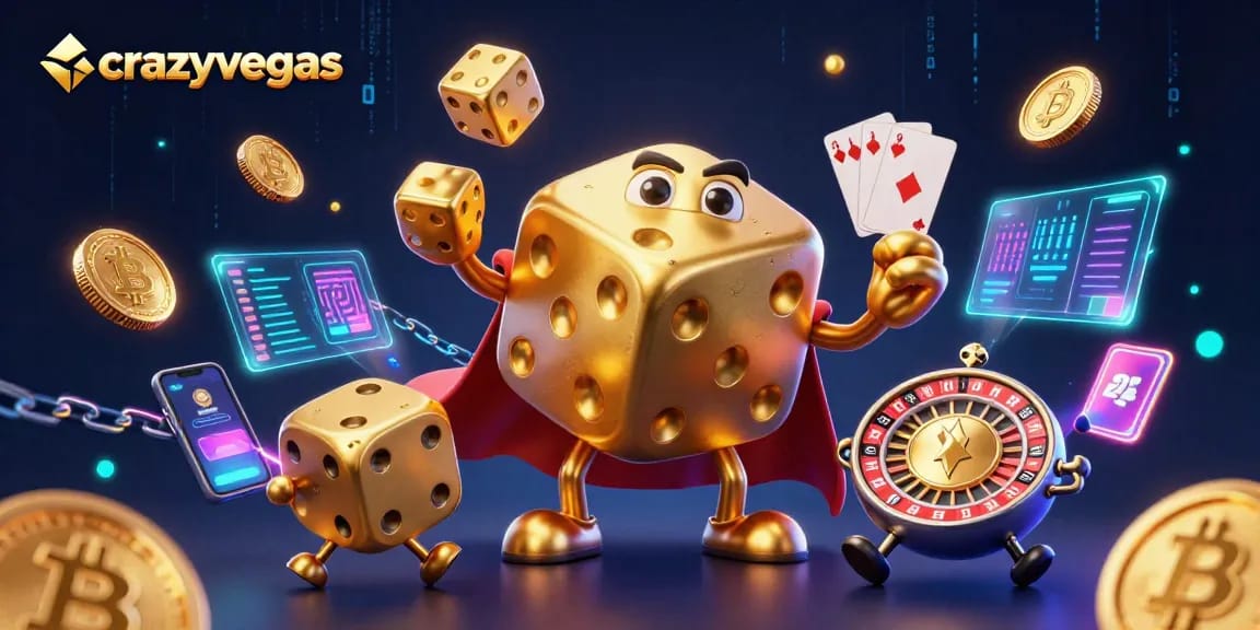 Experience thrilling casino action at crazyvegas with vibrant golden dice, digital coins, and electrifying game elements.
