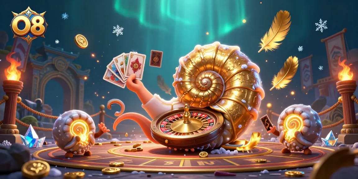 Experience the thrill with O8's giant nautilus roulette wheel and glowing cards in a vibrant casino scene.
