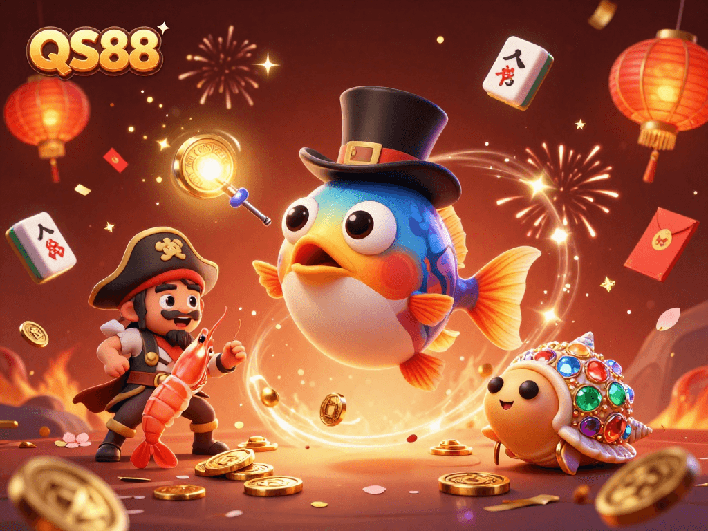 Win big with QS88 in an exciting 3D casino-themed underwater illustration.