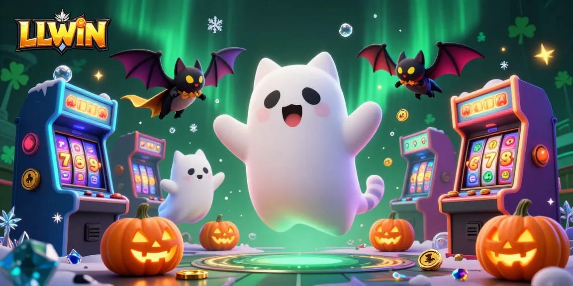 Join the excitement at LLWIN's haunted casino, where ghostly fun and poker suit pumpkin buddies fill the vibrant scene!