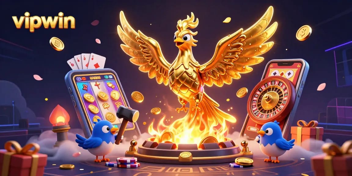 Win with vipwin as a golden phoenix emerges from a forge amidst dynamic casino elements.