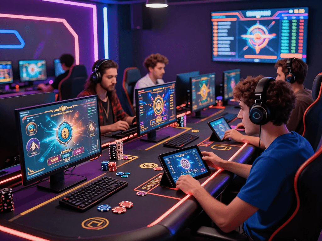 Exciting crypto casino gaming scene with players at computers and vibrant graphics.