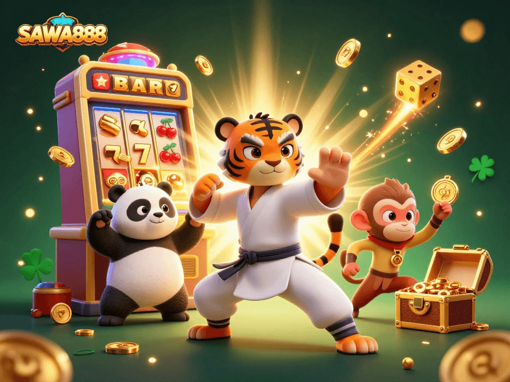 Experience the excitement of SAWA888 as vibrant characters celebrate jackpots with engaging casino games.