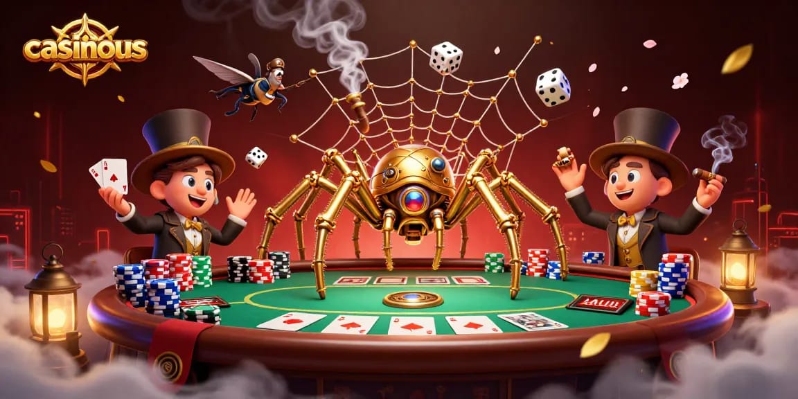 Join casinous at a lively poker table with a steampunk spider, showing off colorful chips and a winning hand.