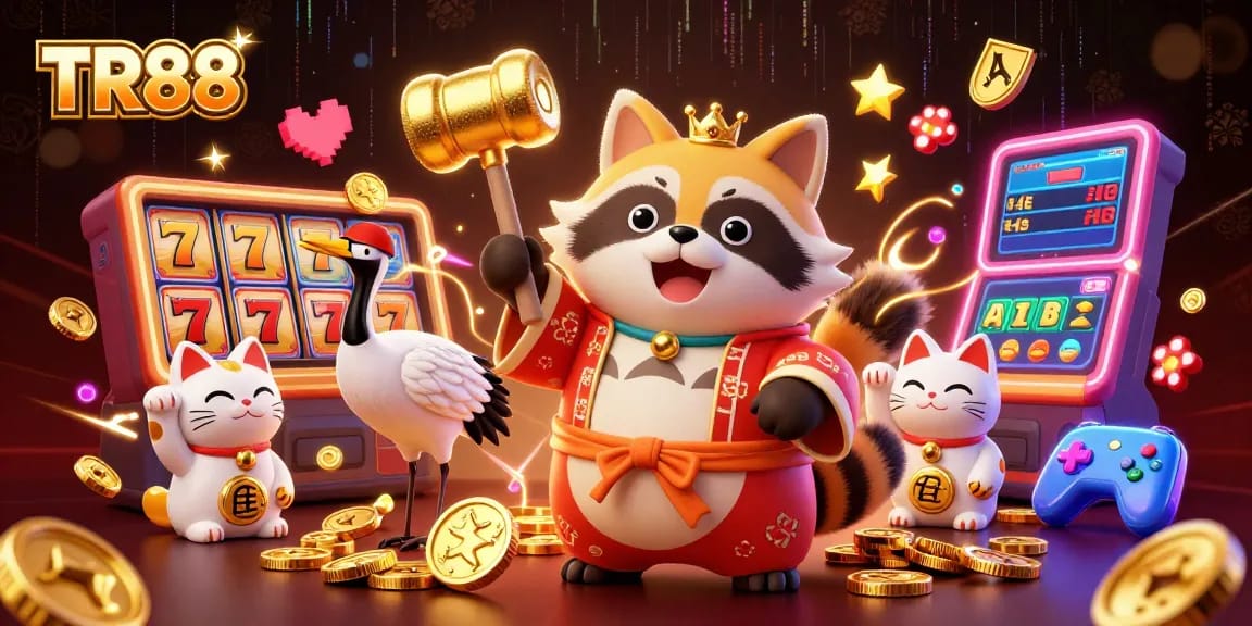 Experience the excitement of TR88 with a cheerful tanuki, crane, and lucky cats in this vibrant casino scene.