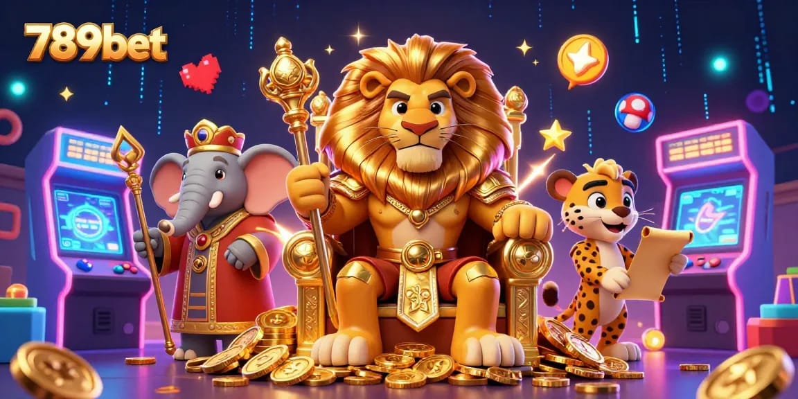 Engage with 789bet's vibrant casino world featuring a lion king, elephant advisor, and fast cheetah in dynamic action.