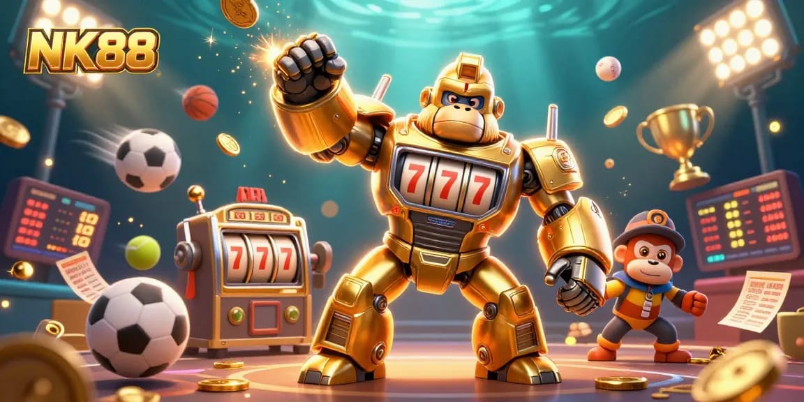 Experience the electrifying NK88 casino world with a golden mech and dynamic sports action!