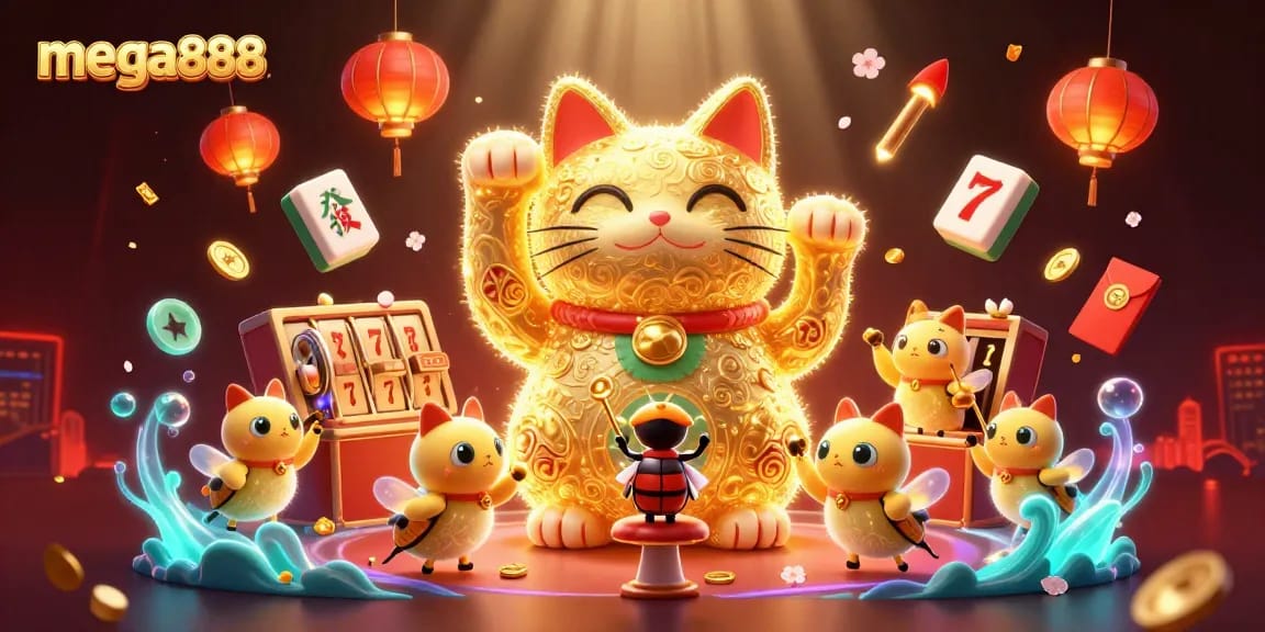 Experience the excitement of mega888 with a colorful 3D illustration of a lucky cat, symbolizing top casino games.