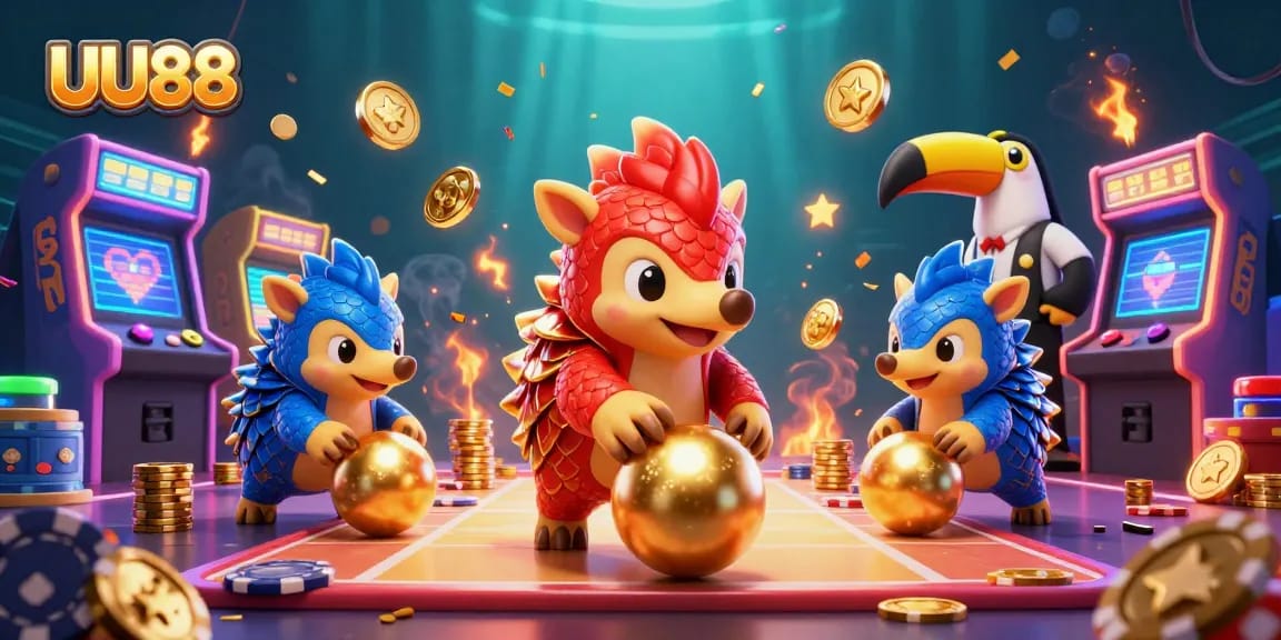 UU88 pangolins compete in a casino-themed battle amidst poker chips and arcade games.