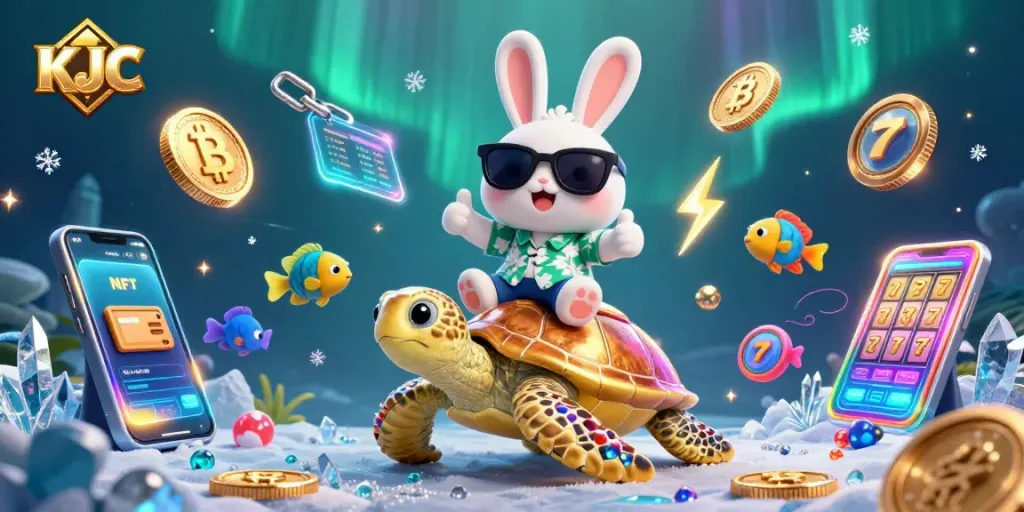 KJC offers a vibrant underwater casino scene with a lucky rabbit and treasures for big wins.