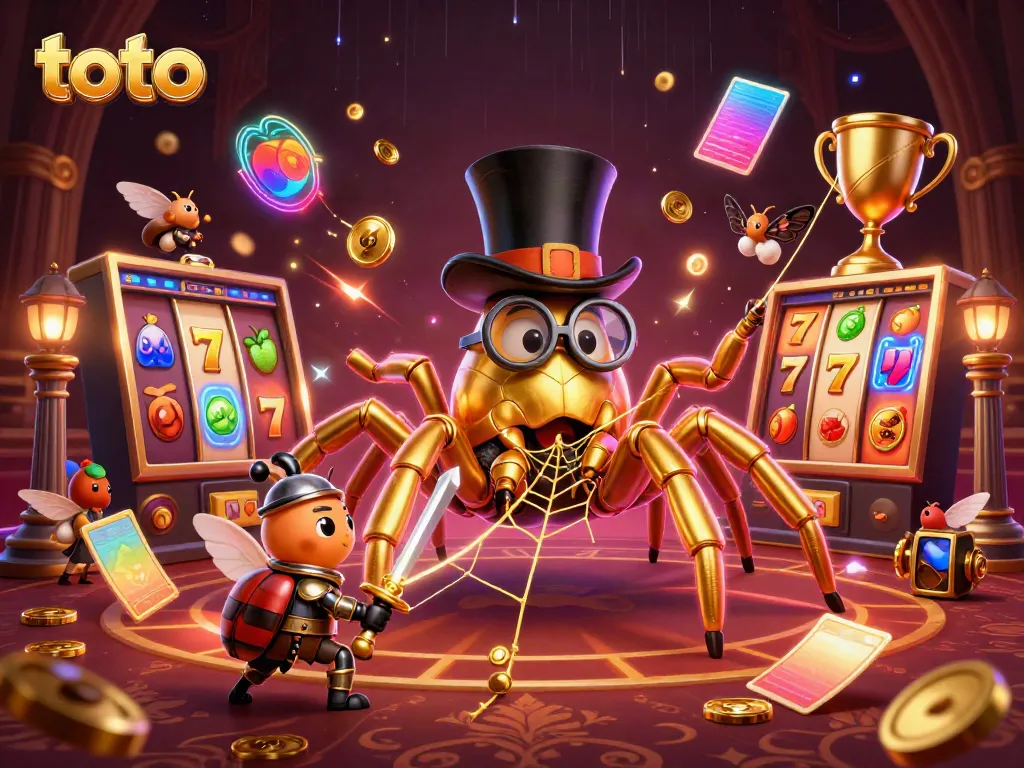 Toto-themed slots illustration with a golden tarantula and beetle knight in a vibrant casino setting