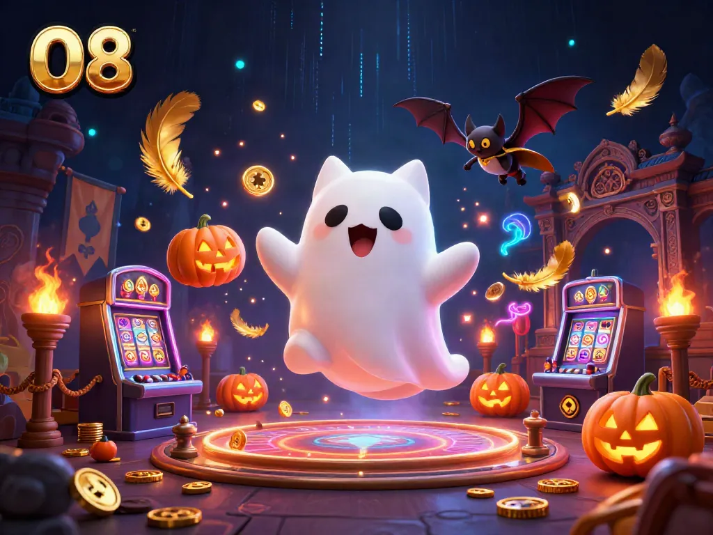 Experience O8's thrilling haunted casino world as a ghost cat and bat explore slot machines.