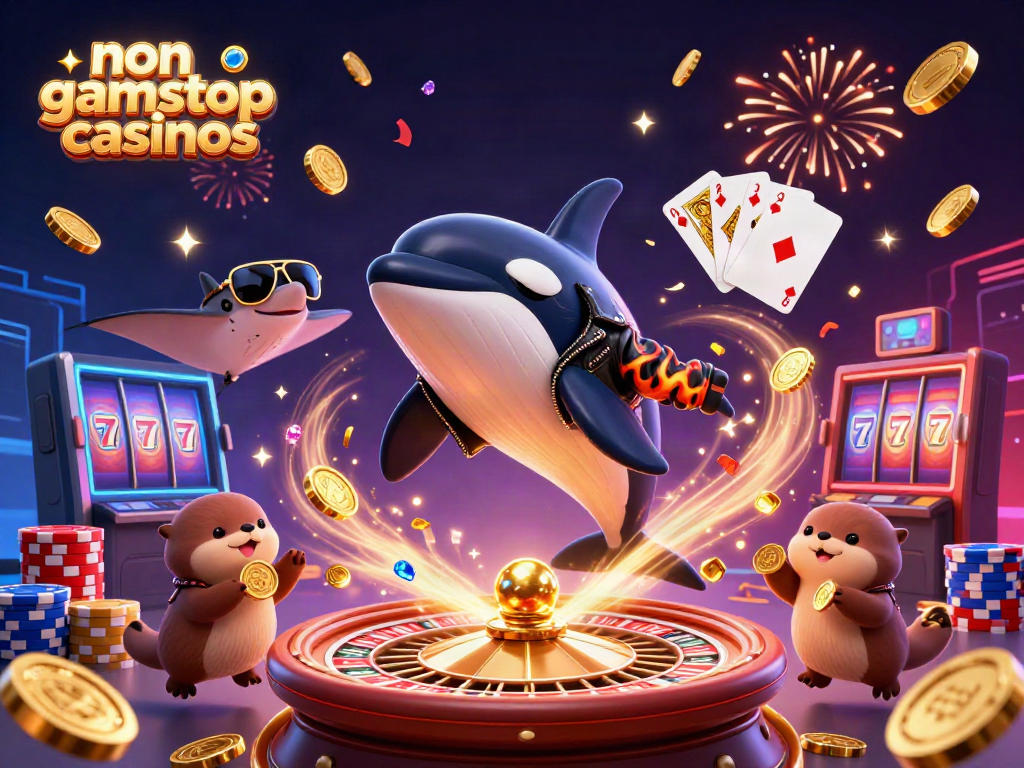 Catch vibrant action in non gamstop casinos with a cool orca and otters amidst sparkling casino elements.