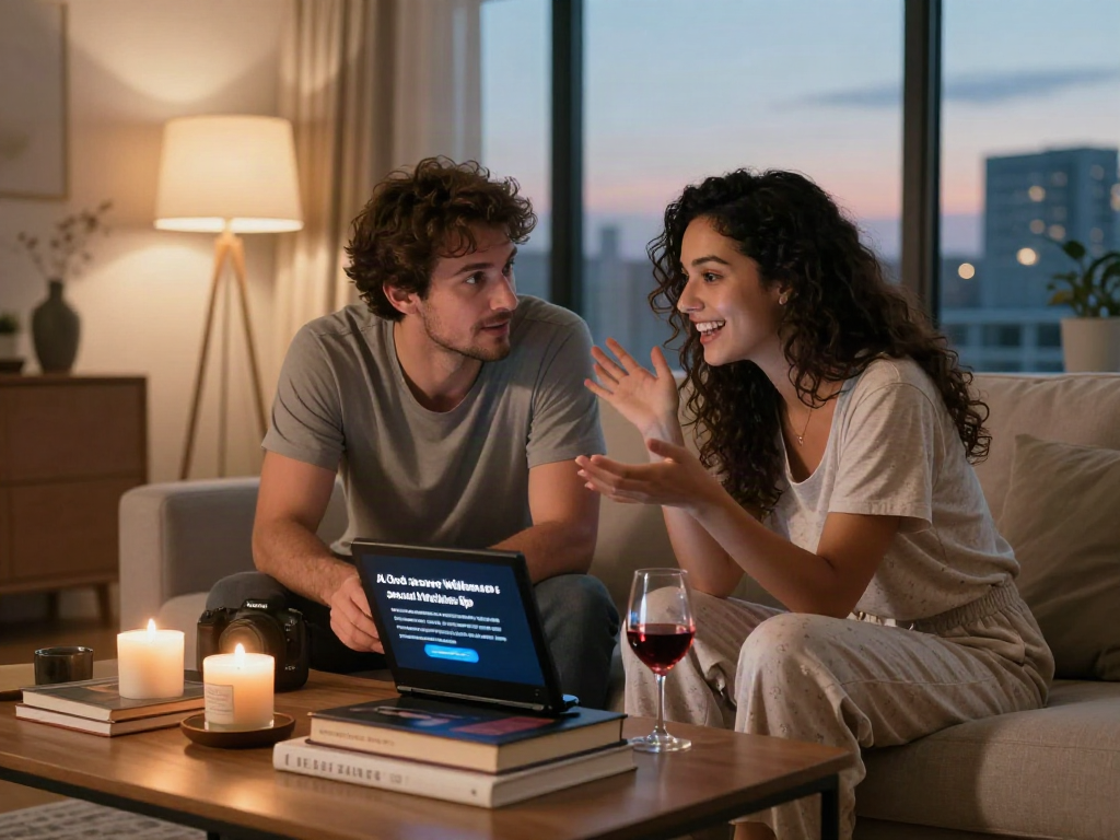 Couple exploring sex AI tips in cozy living room, showcasing intimacy and connection.