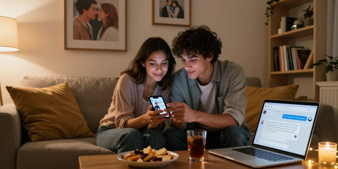 Cozy home scene depicting couple browsing sex AI dating app on smartphone, warm ambiance.