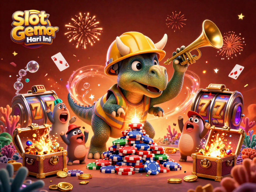Engage with Slot Demo Gacor Hari Ini, featuring a triceratops building poker chips in a vibrant casino scene.