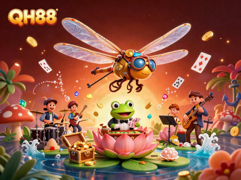 Engage with QH88 in a vibrant, dynamic casino scene featuring a dragonfly pilot, frog croupier, and musicians.