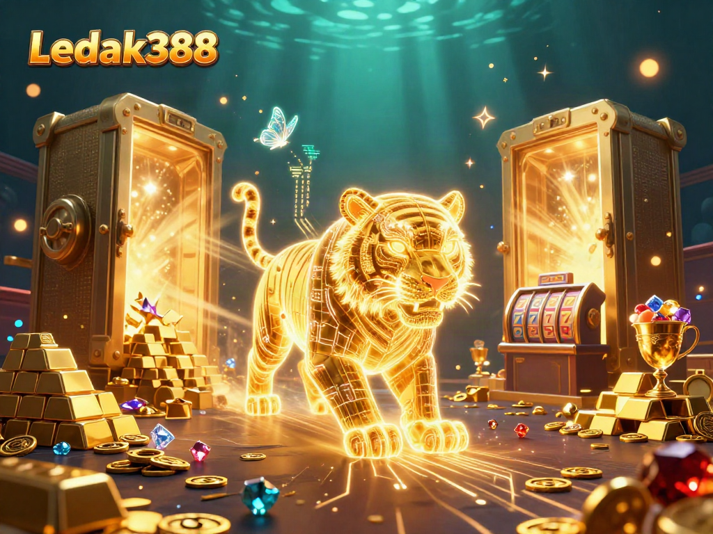 Experience thrilling gameplay with Ledak388's vibrant casino illustration featuring slot reels and animated treasures.
