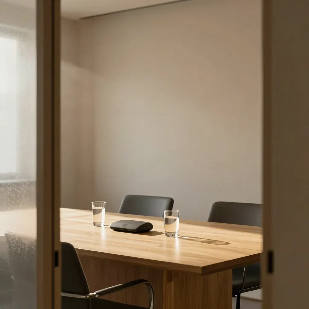 Minimal legal meeting room table with empty chairs, speakerphone and water glasses in warm daylight