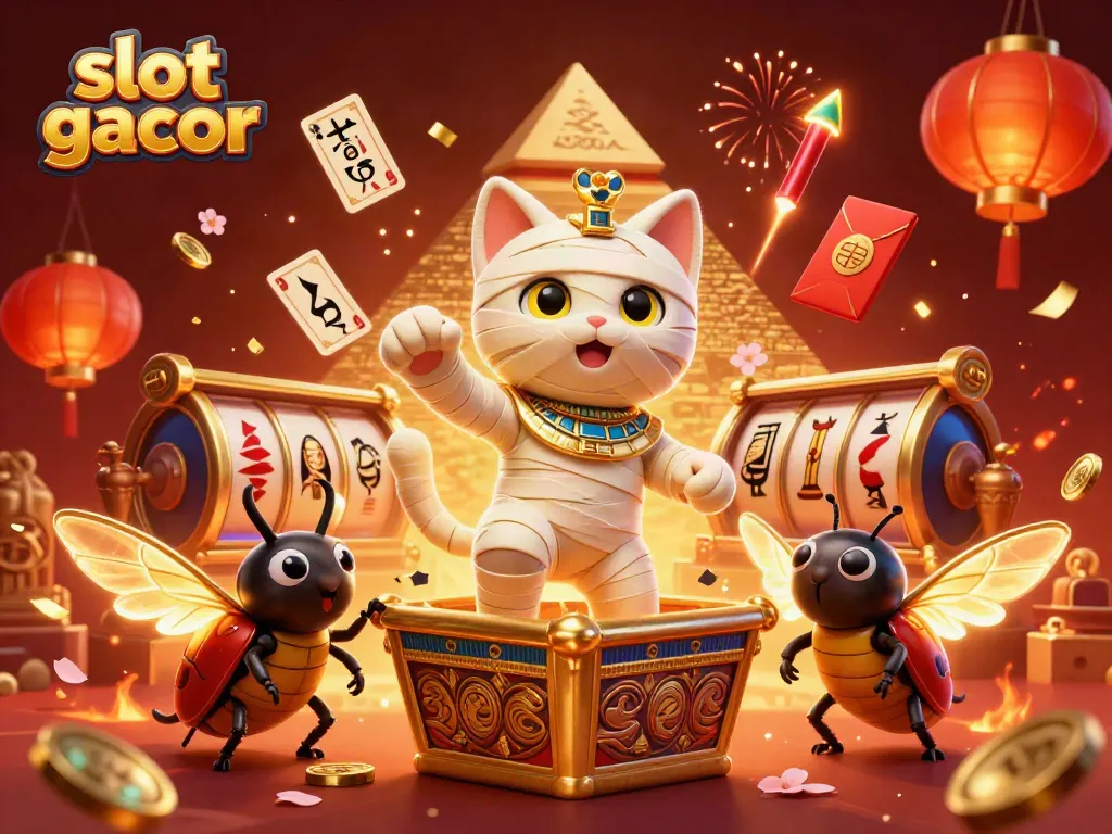 Engage in slot gacor scene with an Egyptian mummy cat and a scarab beetle amidst vibrant casino elements.