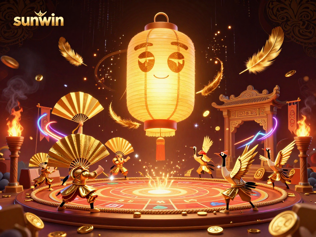 Experience the thrill of sunwin with golden symbols and dynamic energy in this 3D casino illustration.