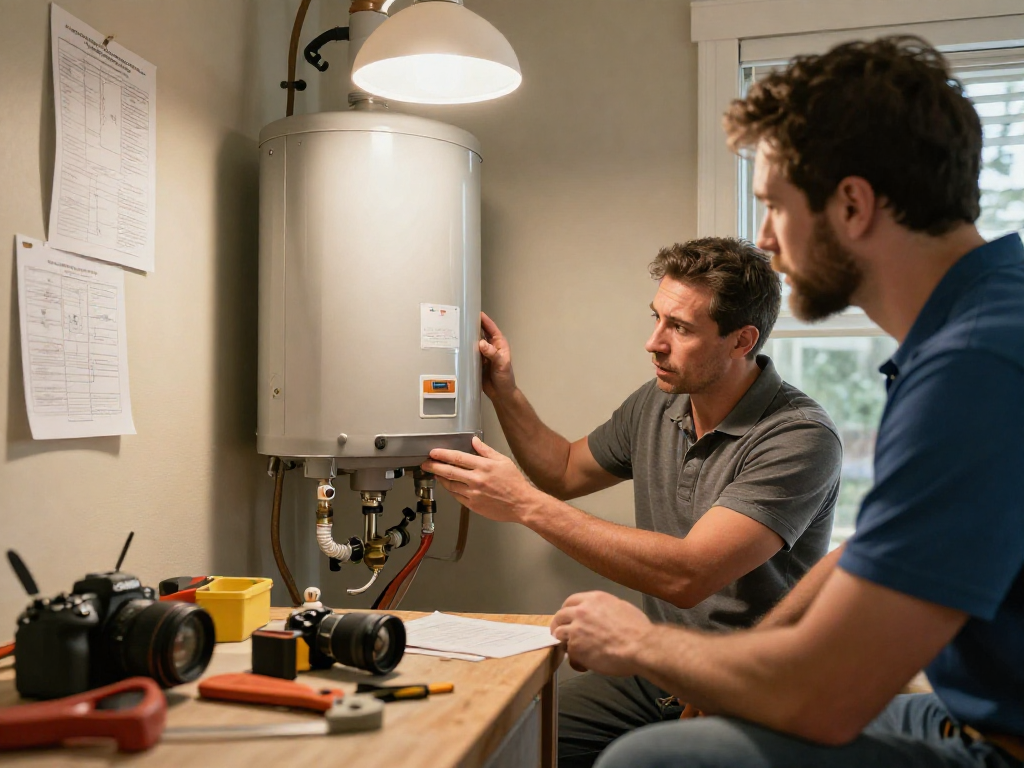 Technician performing water heater repair Fort Worth in a utility room, showcasing a professional approach to plumbing issues.