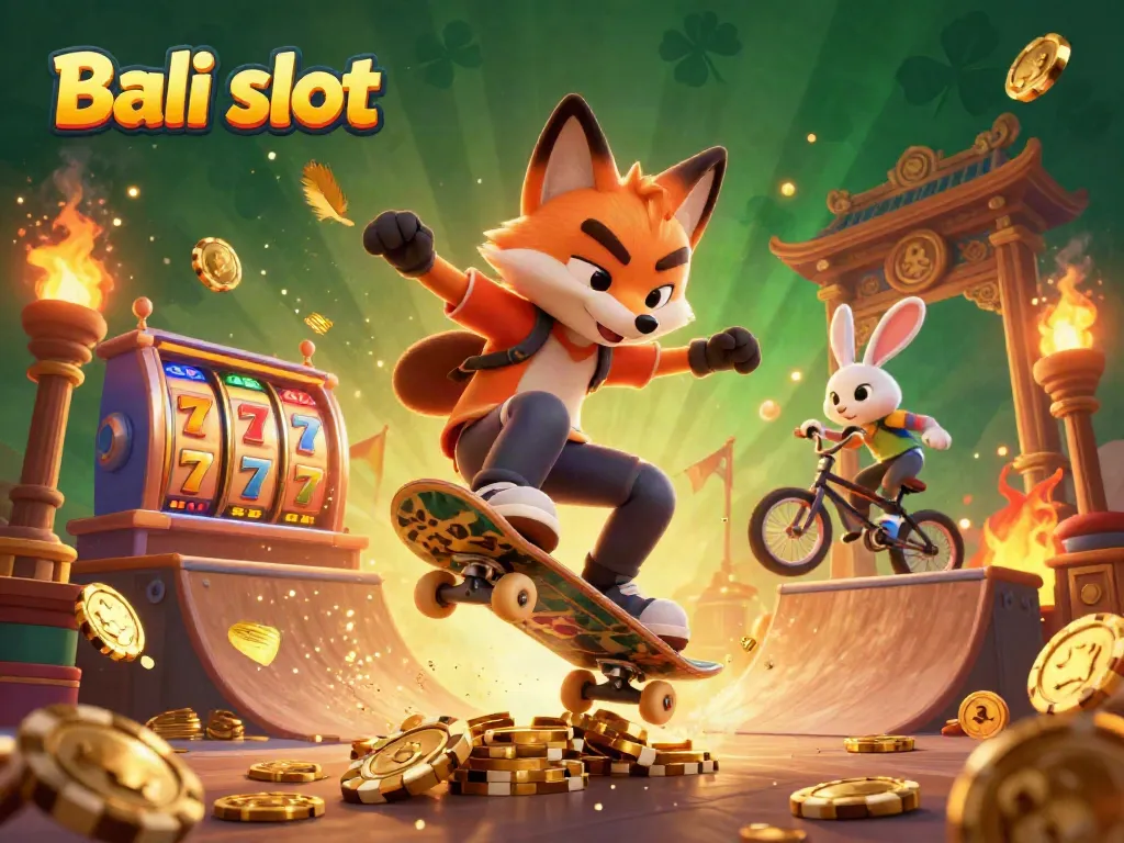 Experience exhilarating Bali slot action with skateboarder fox and BMX rabbit in this vibrant casino scene.