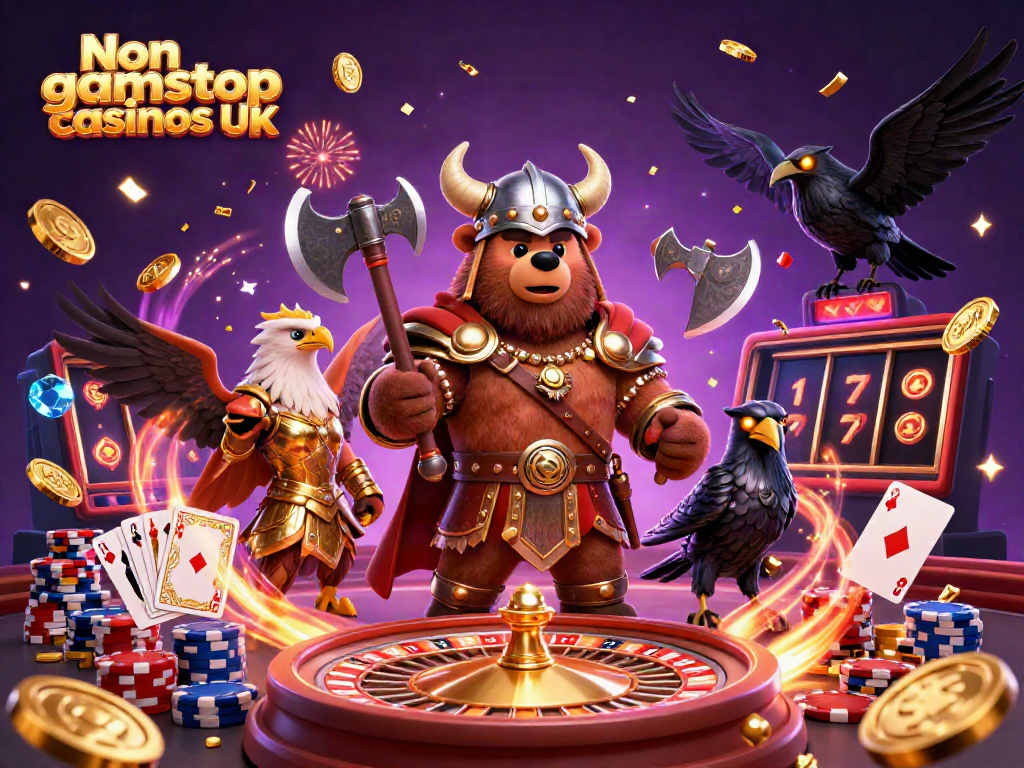 Engaging illustration showcasing the theme of Non gamstop casinos UK with bold casino elements and characters.