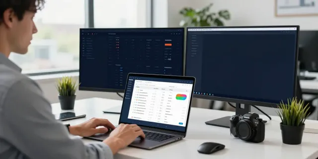Professional using instant indexing tools on a laptop in a modern office.