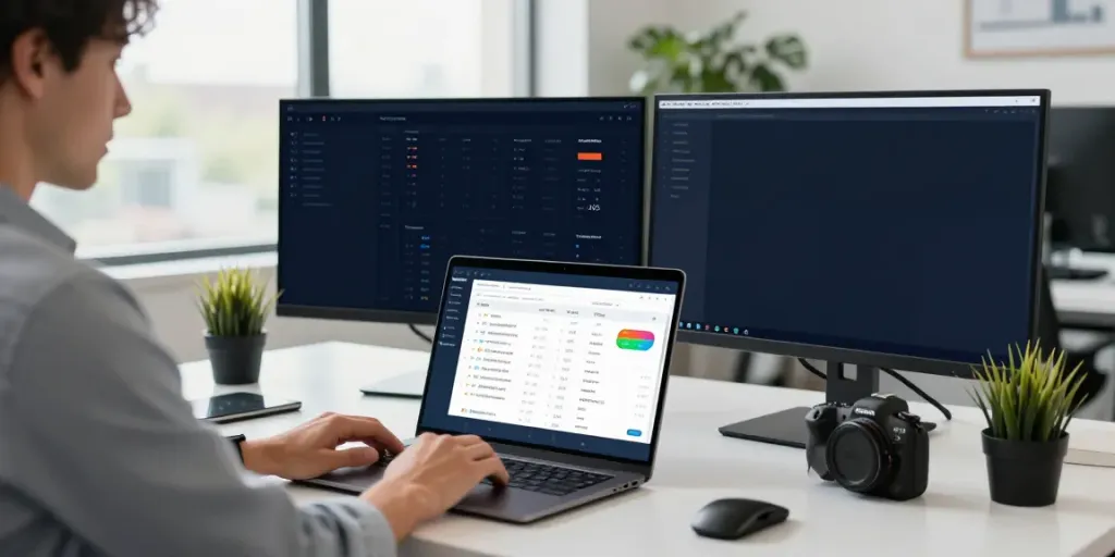 Professional using instant indexing tools on a laptop in a modern office.