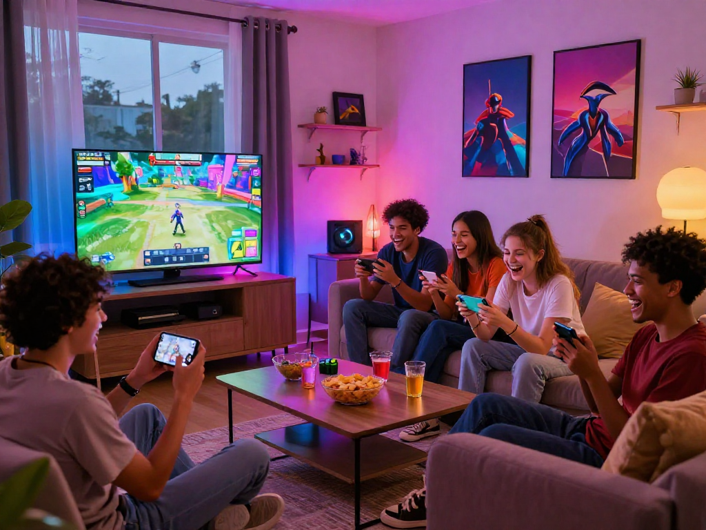 Engaging scene of friends enjoying mobile porn games in a cozy living room.