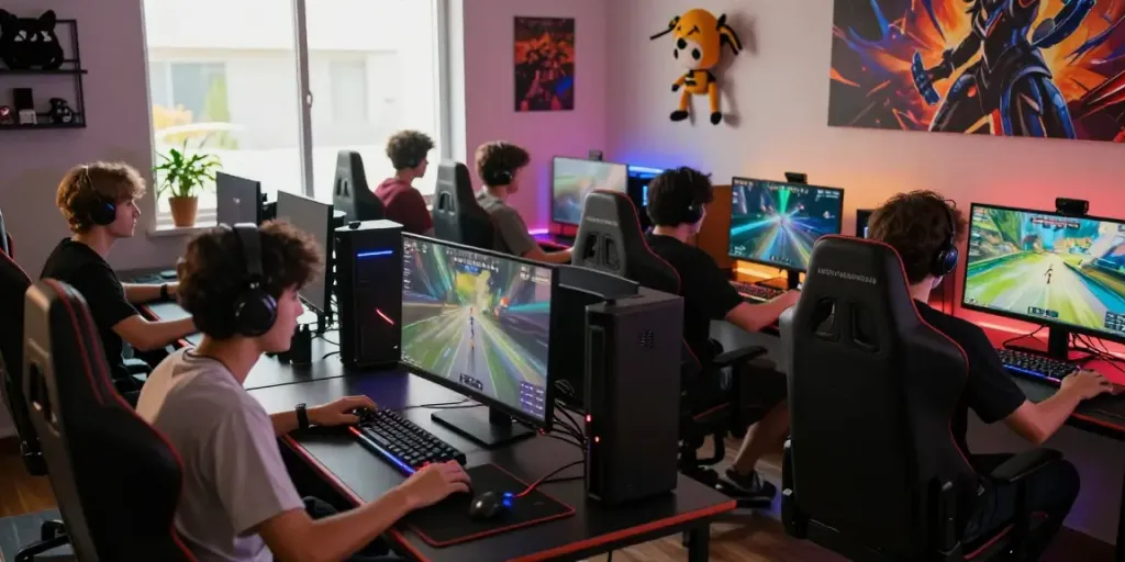 Gamers immersed in competitive play at http://11bet-app.net/ gaming setups with vibrant RGB lighting.