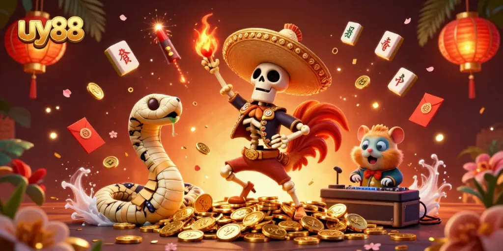 Engage in exciting gaming with uy88's vibrant casino atmosphere illustrated with dynamic characters and golden coins.