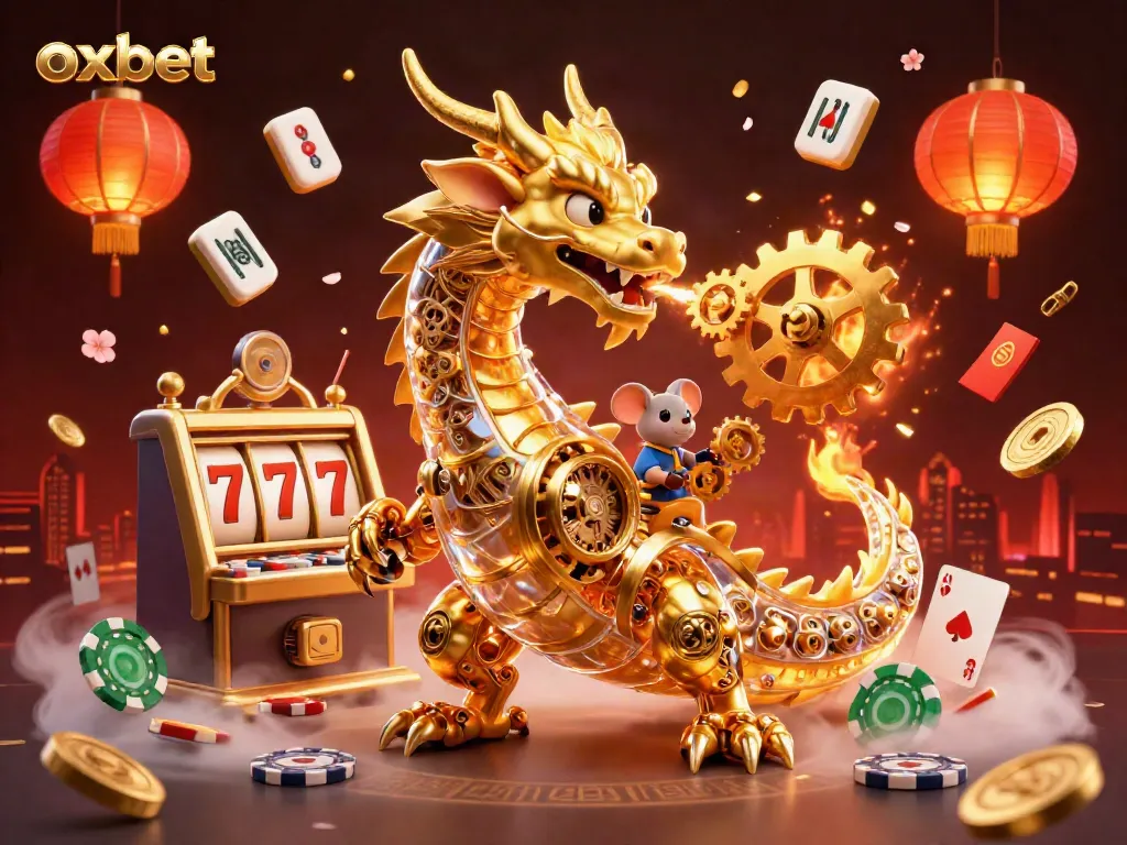 Enjoy the thrilling experience of oxbet with a vibrant 3D illustration showcasing a golden dragon and casino elements.