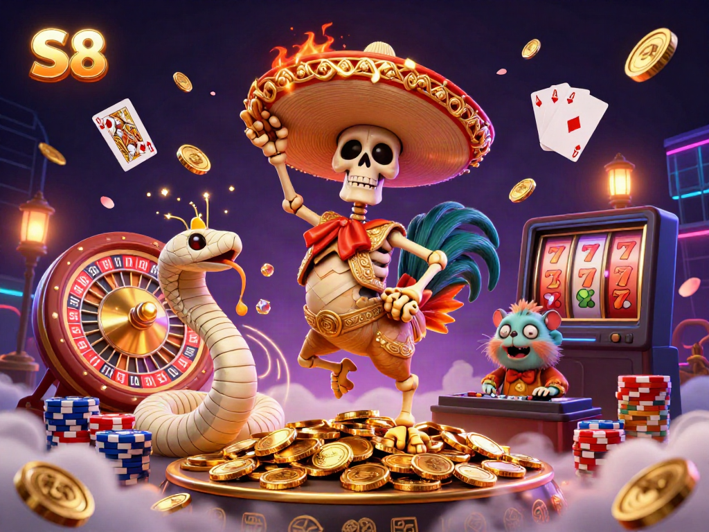 S8-themed casino scene featuring a dancing skeleton mariachi rooster, a mummy snake, and a zombie hamster DJ in a vibrant atmosphere.